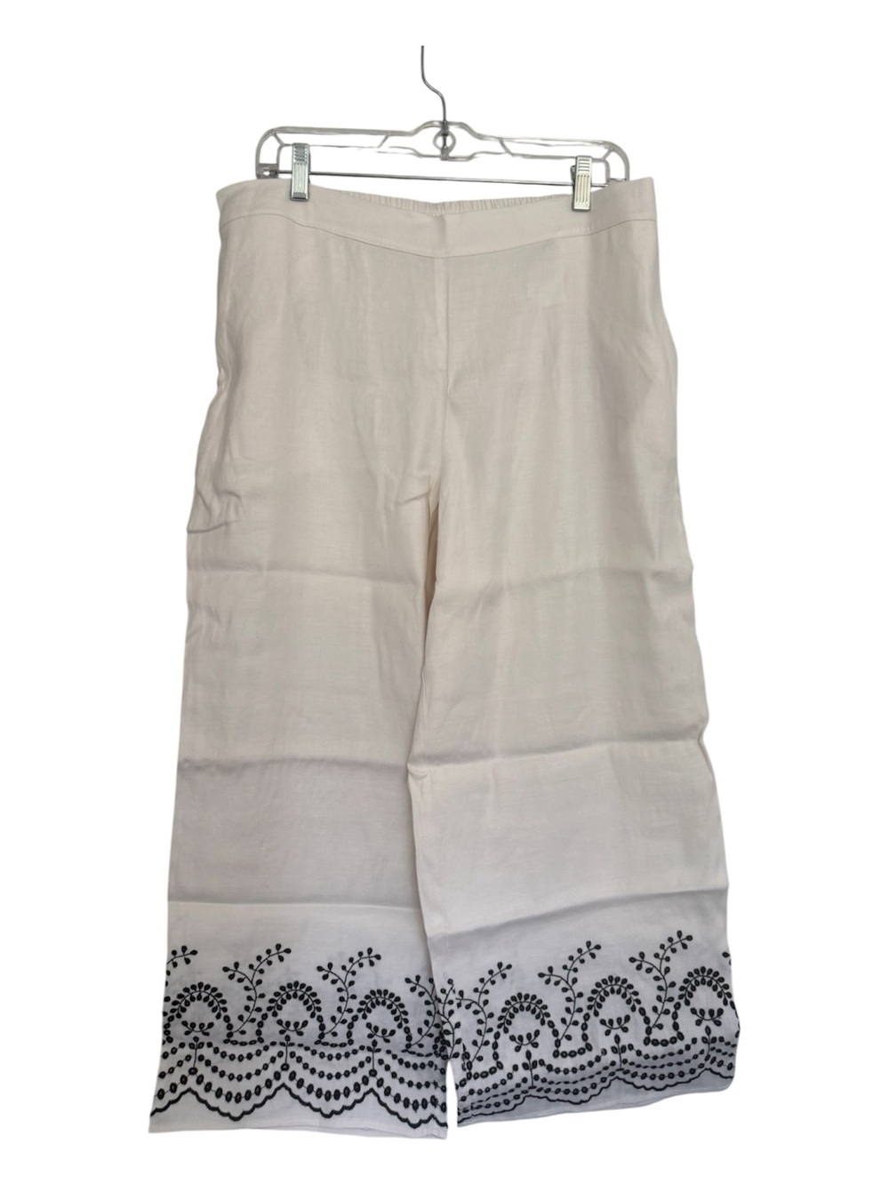 Susan Graver PURE Linen Pull-On Embroidered Hem Crop Pants Size 12